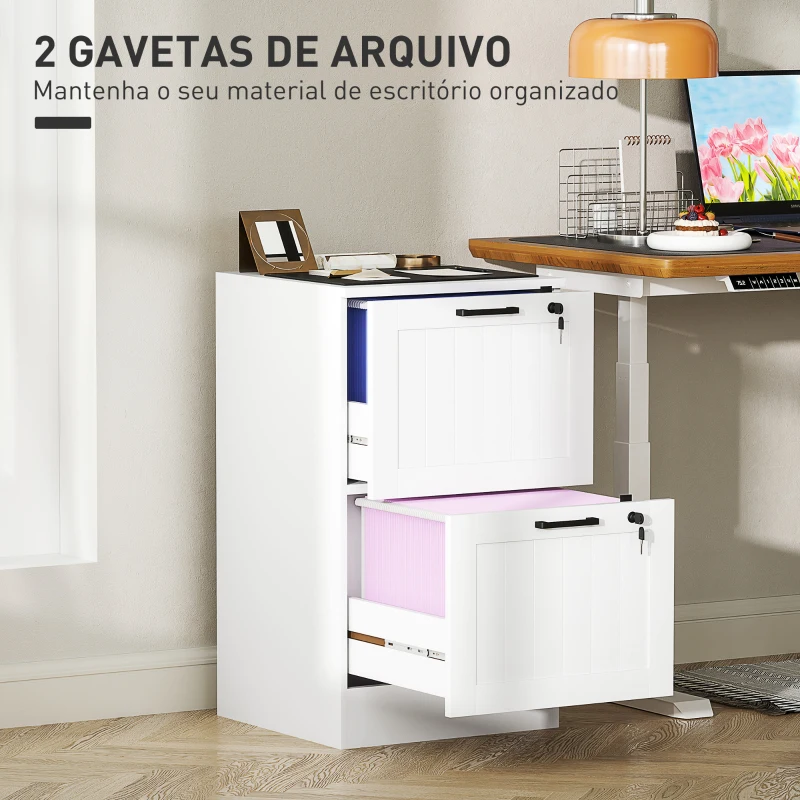 HOMCOM Bloco de Gavetas para Escritório com 2 Gavetas para Escritório com Fechaduras Gavetas Suspensas para A4 40x40x71 cm Branco