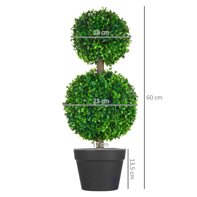 HOMCOM Lot de 2 arbres buis artificiel double boules avec tronc et pot inclus - hauteur 60 cm vert