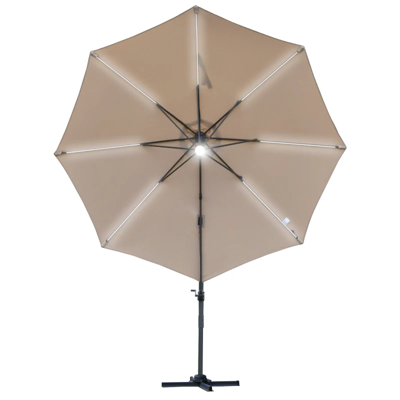 Outsunny 3(m) LED Cantilever Parasol Outdoor Sun Umbrella w/ Base Solar Lights Brown