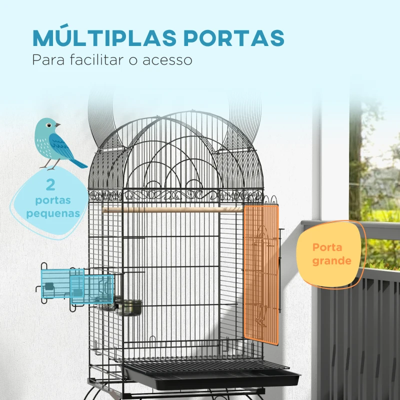 PawHut Gaiola para Pássaros com Rodas Bandeja Amovível Prateleira 2 Comedouros de Aço Inoxidável e Poleiro 51x51x153 cm Preto
