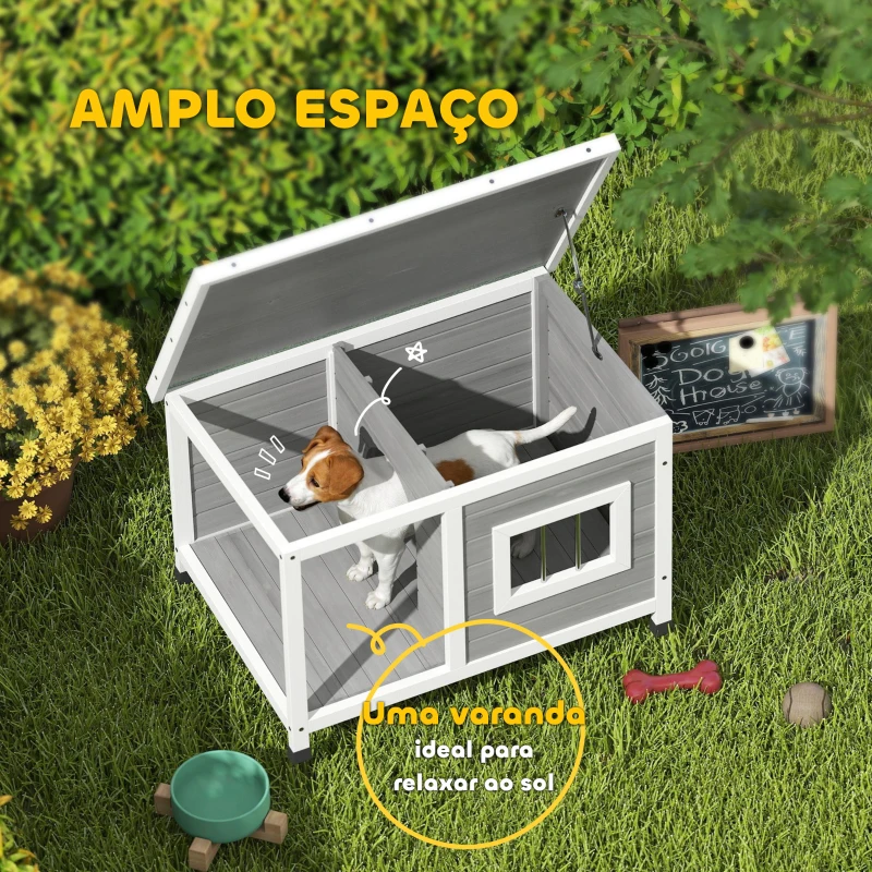 PawHut Casa para Cães de Madeira Casa para Animais de Estimação com Teto Asfáltico Impermeável e Janela 85,5x62x60cm Cinza