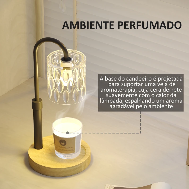 HOMCOM Candeeiro de Mesa Candeeiro Aquecedor de Vela com Base de Madeira Ecrã de Vidro Ø15x32,5 cm Multicor