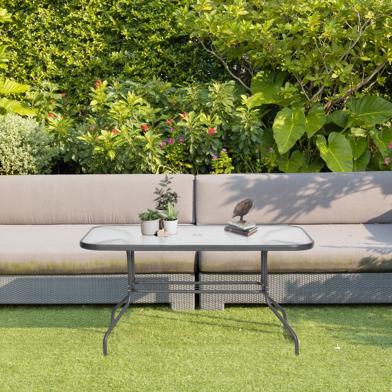 Outsunny Garden Dining Table Glass Top Metal Frame with Parasol Hole Outdoor Balcony Grey 140L x 80Wcm
