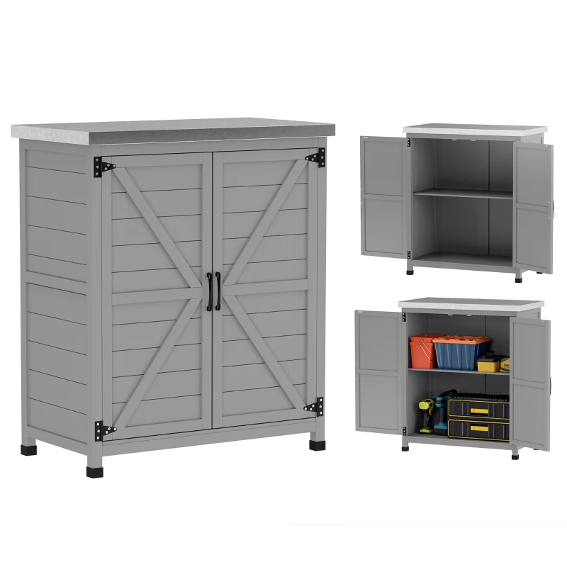 Outsunny Armoire de jardin, armoire extérieure avec plan de travail, armoire à outils, bois massif, acier, 79L x 43l x 92H cm, Gris