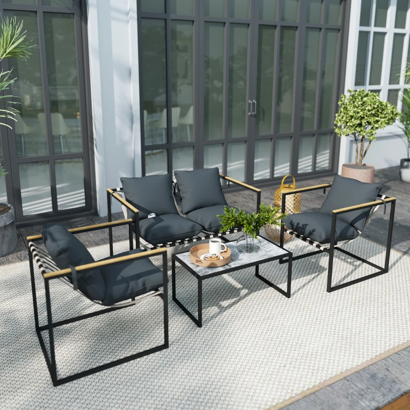 Outsunny Ensemble de meubles de jardin 4 pièces, ensemble de mobilier extérieur, 2 fauteuils, canapé 2 places, 1 table, rembourré, acier, polyester, gris