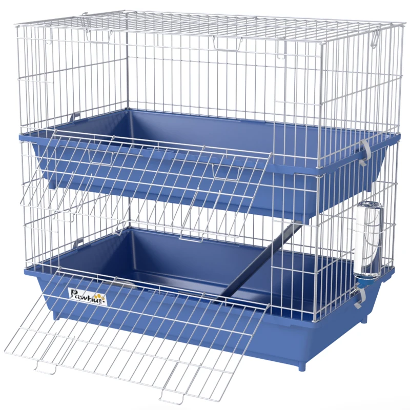 PawHut Double Tier Small Animal Cage Rabbit Chinchillas Cage w/ Ramp Food Dish Water Bottle Deep Trays Pet Home 72 x 44 x 67 cm