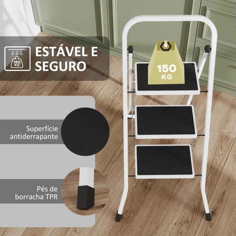 HOMCOM Escada Dobrável de 3 Degraus  Carga até 150 kg com Pedal Antiderrapante Fácil de Guardar e Transportar 71x46,5x105,3 cm Branco