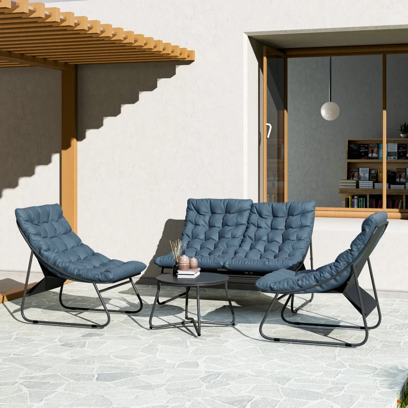 Outsunny Ensemble de meubles de jardin 4 places, 2 chaises, 1 canapé double, 1 table avec une surface en verre, coussins épais, cadre en acier, pour terrasse, Gris