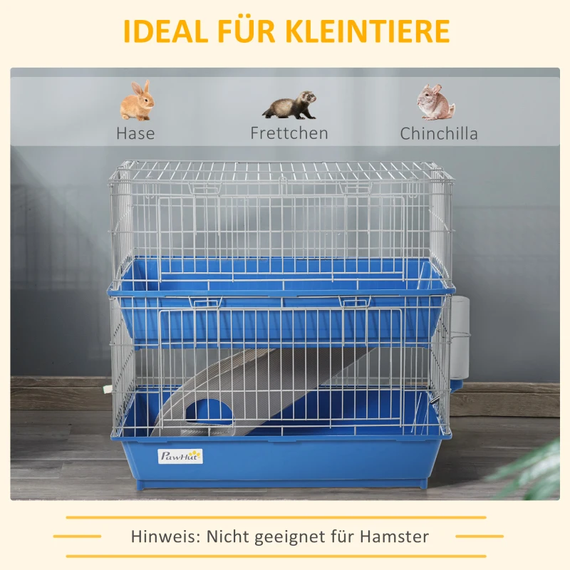 PawHut Kleintierkäfig mit 2 Ebenen und Zubehör 72 cm x 44 cm x 67 cm Blau + Grau + Silber