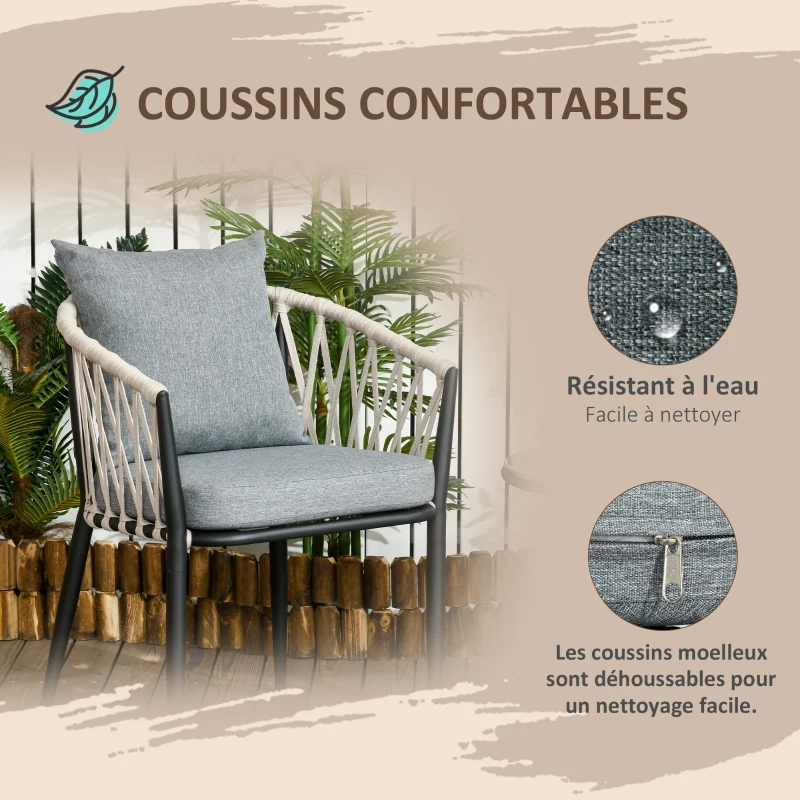 Outsunny Salon de jardin 2 personnes 3 pièces 2 fauteuils avec coussins table basse ronde plateau verre trempé corde tressée gris
