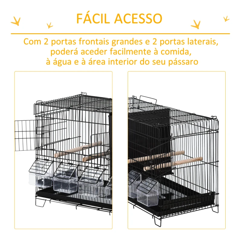 PawHut Gaiola para Pássaros com Divisória Ganchos Superiores Portas Comedouros Poleiros e Bandeja Amovível 59,5x26,5x39,5 cm Preto