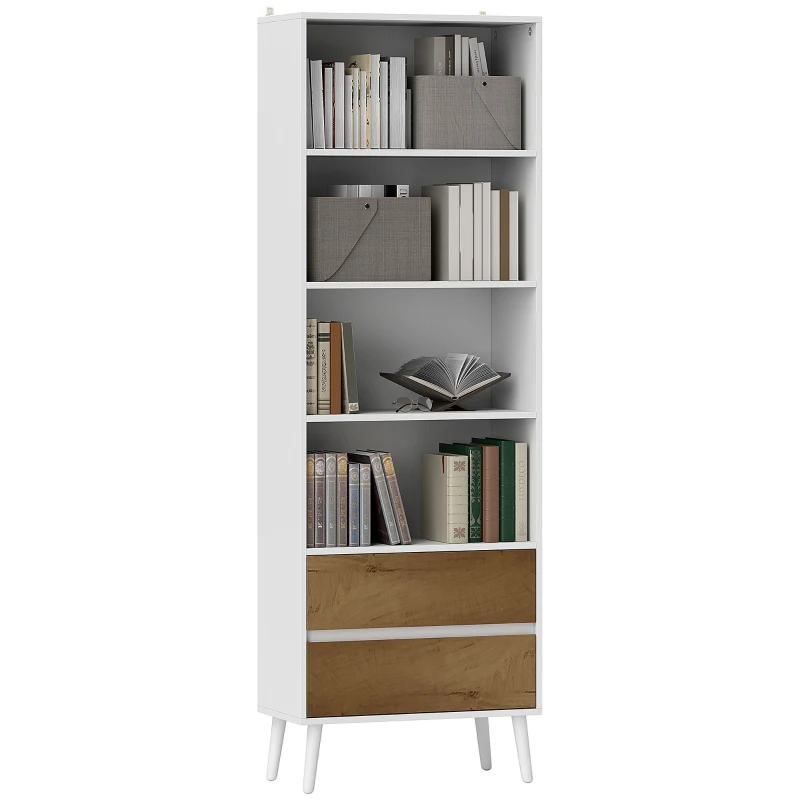 HOMCOM Estante para Livros de 6 Níveis com 2 Gavetas e 4 Prateleiras Abertas para Sala de Estar Escritório  60x30x179 cm Branco
