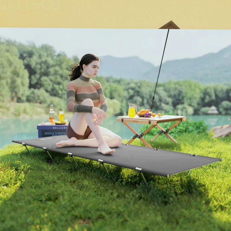 Outsunny Lightweight Camping Bed, Aluminium Portable Camp Cot w/ Strong Support 150kg and Carry Bag for Camping, Dark Grey