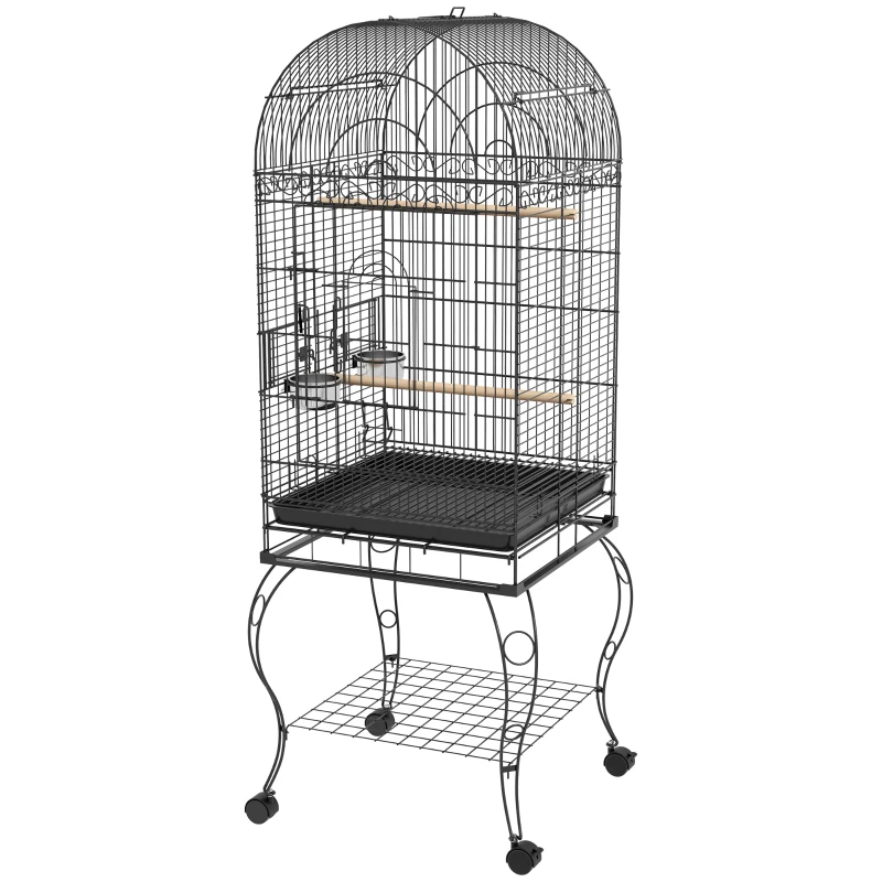 PawHut Gaiola para Pássaros com Rodas Bandeja Amovível Prateleira 2 Comedouros de Aço Inoxidável e Poleiro 51x51x153 cm Preto
