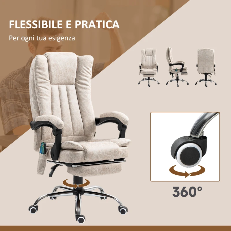 Vinsetto Sedia da Ufficio Massaggiante e Riscaldante con Poggiapiedi, in Microfibra, 62x70x113-120 cm, Crema