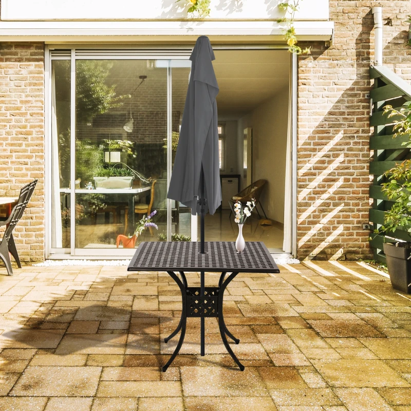 Outsunny 90cm Square Garden Table with Umbrella Hole, Aluminium Grid Motif Outdoor Dining Table for Garden Patio, Black