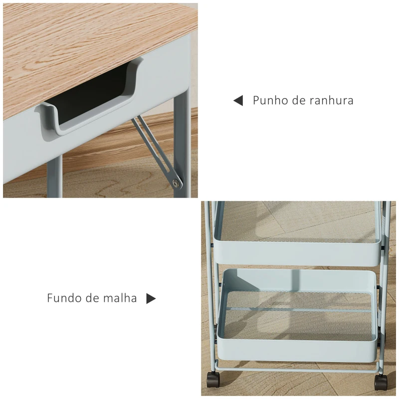 HOMCOM Carrinho Auxiliar com Rodas de 4 Níveis Carrinho de Cozinha com 1 Gaveta e 3 Cestos Carrinho Organizador 45x29,5x117,5 cm Verde