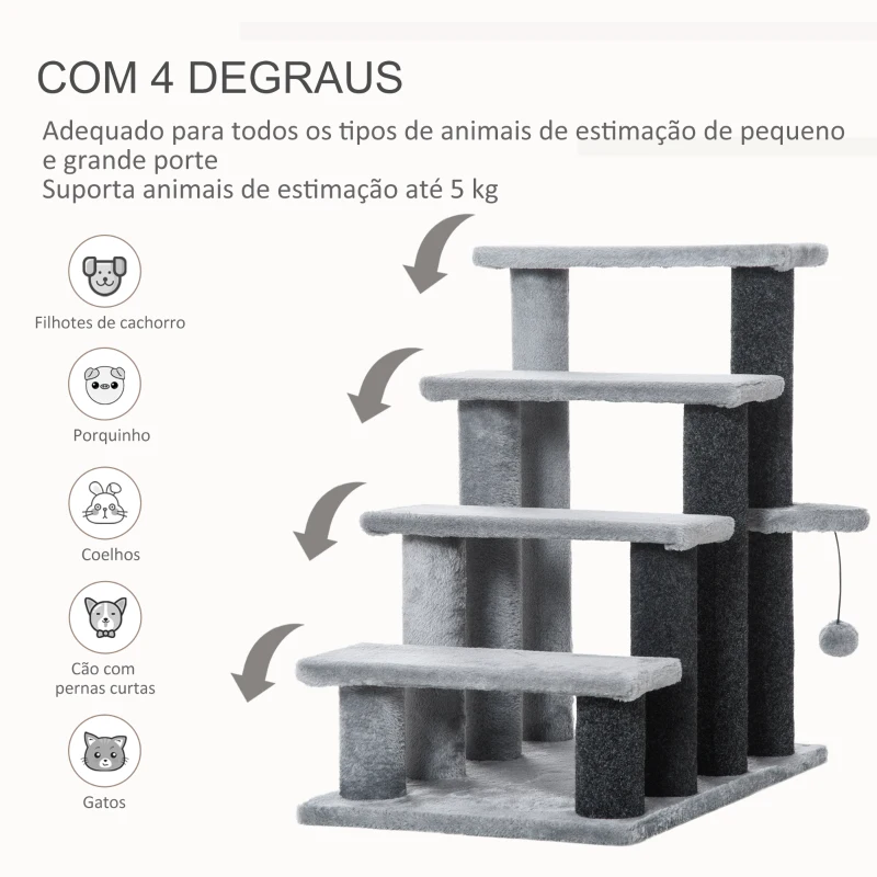 PawHut Escada para Animais de Estimação Escada para Gatos de 4 Degraus com Poste de Arranhar Bola 45x40x68 cm Cinza