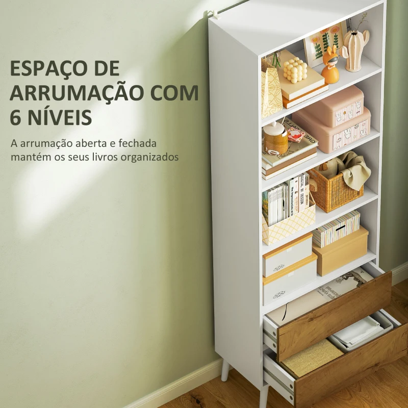 HOMCOM Estante para Livros de 6 Níveis com 2 Gavetas e 4 Prateleiras Abertas para Sala de Estar Escritório  60x30x179 cm Branco
