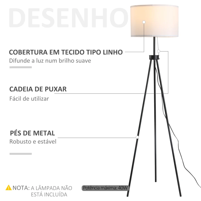 HOMCOM Candeeiro de Pé Moderno Candeeiro de Pé para Sala de Estar com Ecrã Redondo Tripé e Suporte para Lâmpada E27  Ø37x152 cm Branco e Preto