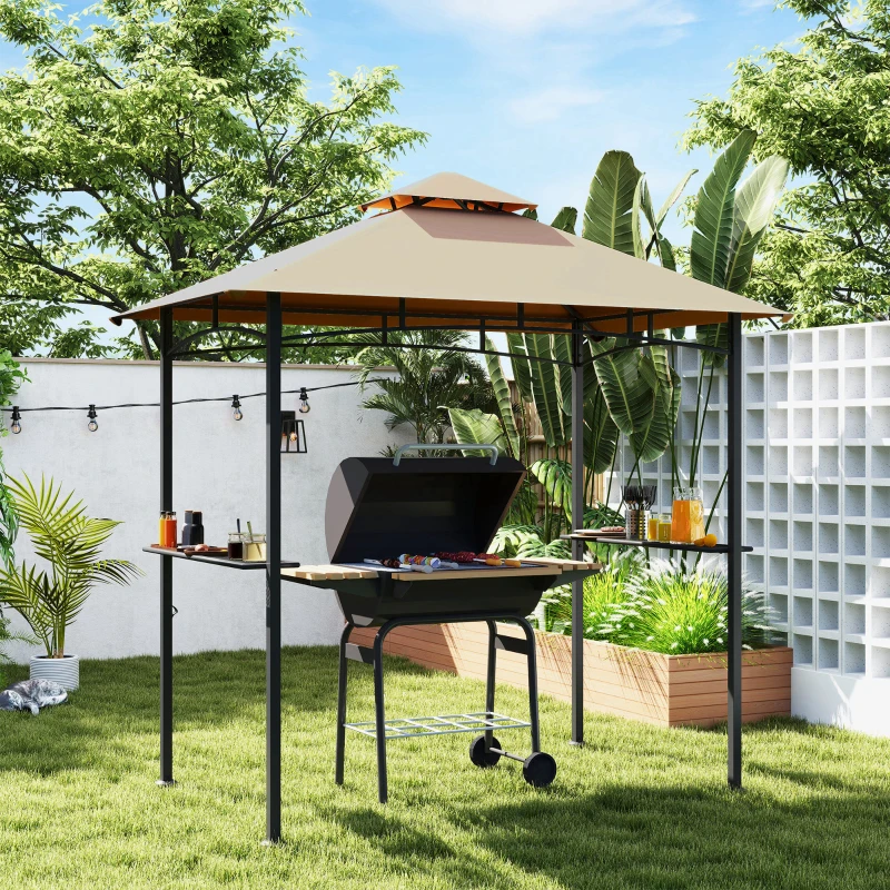 Outsunny 2.5x1.5m (8'x5') Grill Gazebo Canopy, Double Tiered Outdoor BBQ Gazebo Shelter with 2 Side Shelves for Garden, Patio, Barbecue, Picnic, Khaki