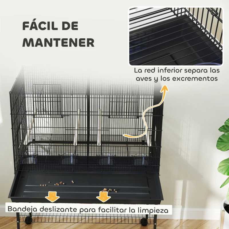 PawHut Jaula para Pájaros con Divisor Comederos Bandeja Extraíble y Soporte para Canarios y Periquitos 94x57x57/128 cm Negro