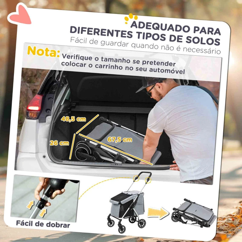 PawHut Carrinho para Cães Dobrável com Correia de Segurança Almofada Lavável e Janelas 80x48,5x106 cm Cinzento Claro