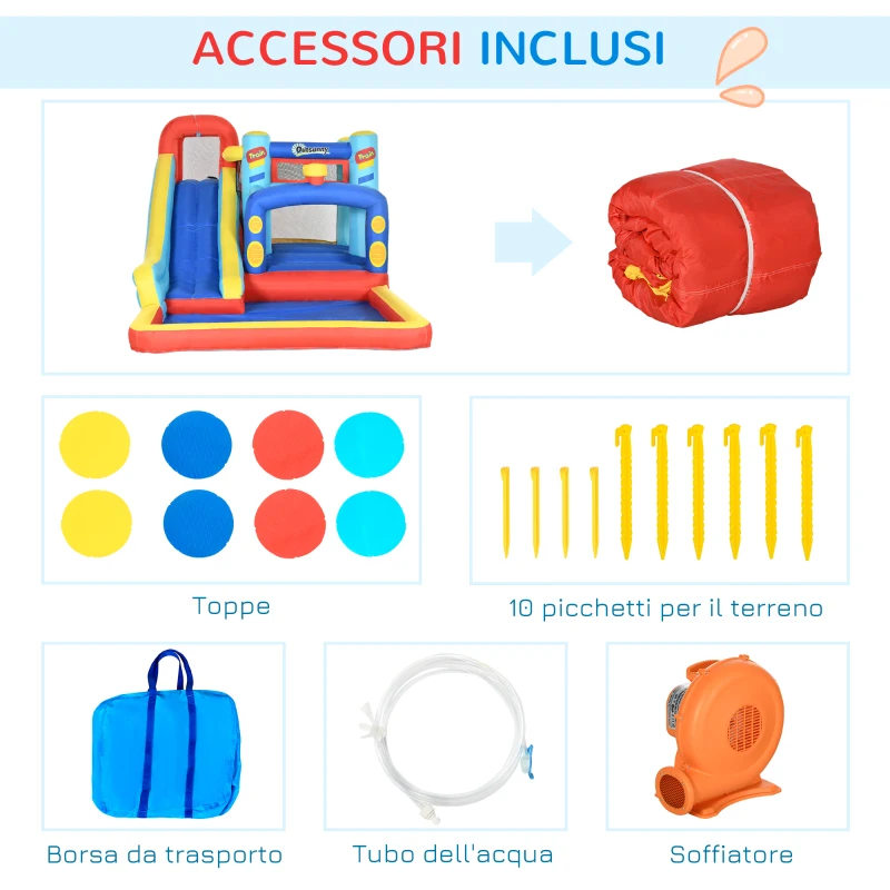 Outsunny Castello Gonfiabile per Bambini 3-8 Anni con Trampolino, Scivolo e Piscina, 435x245x200cm
