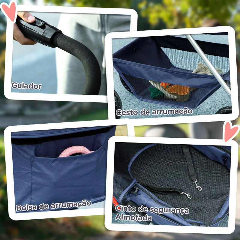 PawHut Carrinho para Cães Dobrável 3 em 1 Carrinho para Cães Miniatura com Cesta de Armazenamento Janela de Malha 76x50x102 cm Azul Escuro