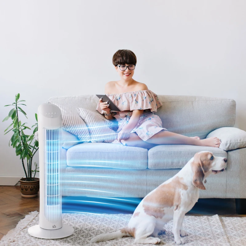 HOMCOM Tower Fan for Bedroom Cooling, 30 Inch Electric 70° Oscillating Fan with 3 Speed Settings, Standing Floor Fan for Home Office Indoor, White