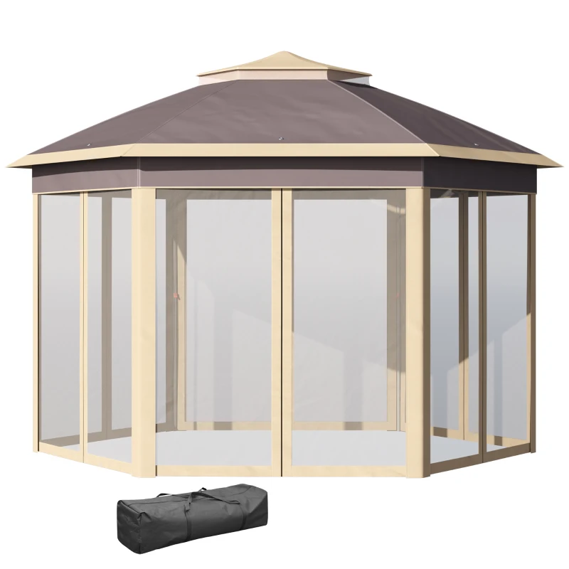 Outsunny Tenda Dobrável 4,05x3,4x2,85 m Tenda de Jardim Hexagonal com 6 Mosquiteiras Amovíveis e Altura Ajustável Bege