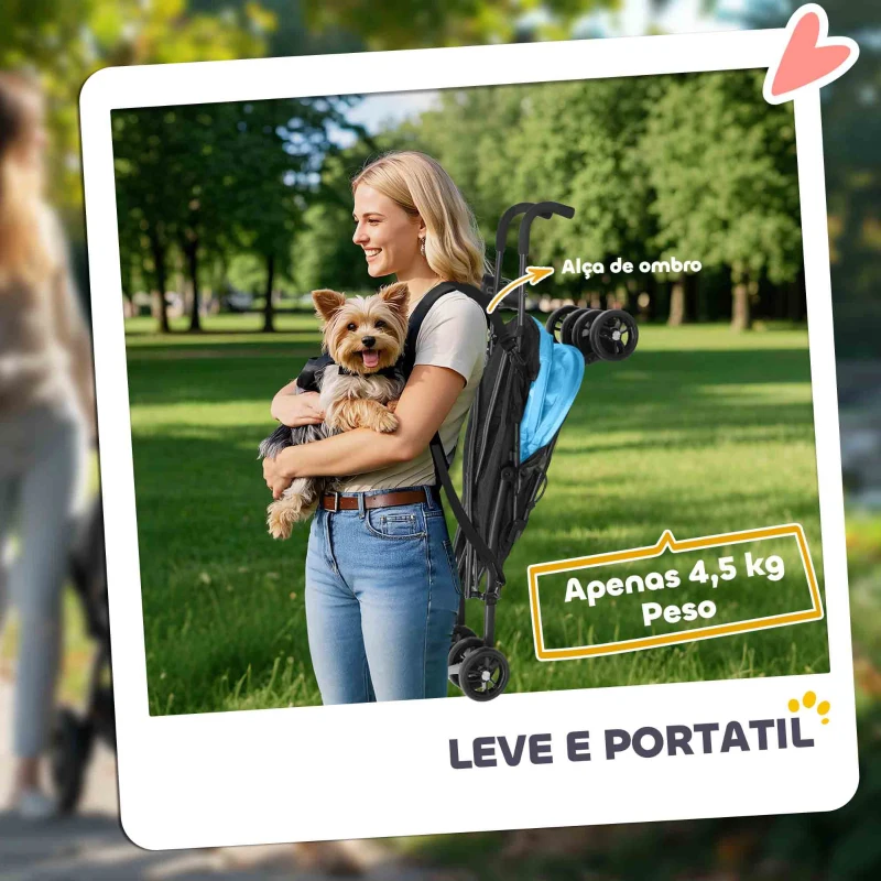 PawHut Carrinho para Cães Pequenos com Estrutura Compacta Carrinho Dobrável com Colchão Lavável Suporte para Copos 76x44x103 cm Azul