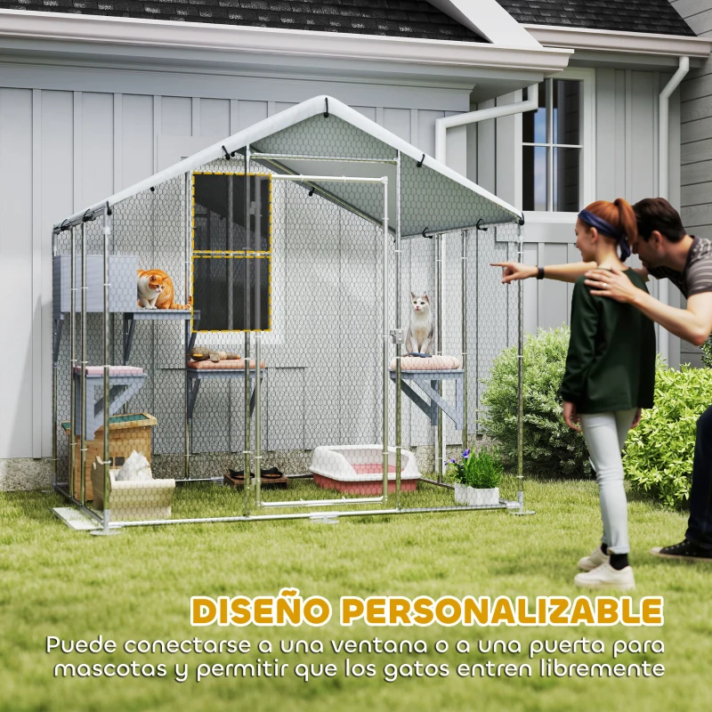PawHut Refugio Exterior Grande para Gatos Jaula de Acero Galvanizado con Techo Impermeable para 5 Gatos 200x170x195 cm Plateado