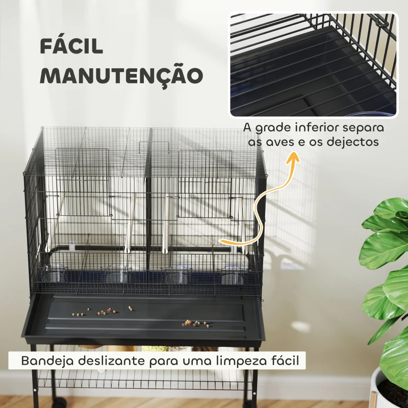 PawHut Gaiola para Pássaros com Divisória Rodas Gaiola para Aves com Comedouros Poleiros e Bandeja Removível 76x46x116 cm Preto
