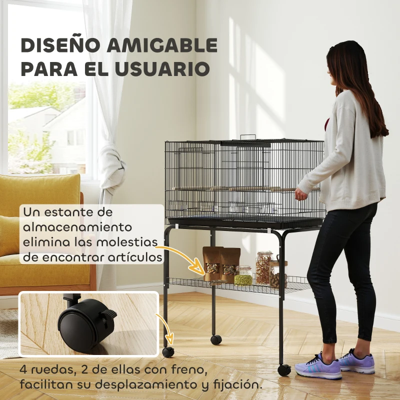 PawHut Jaula para Pájaros con Divisor Comederos Bandeja Extraíble y Soporte para Canarios y Periquitos 76x46x46/116 cm Negro