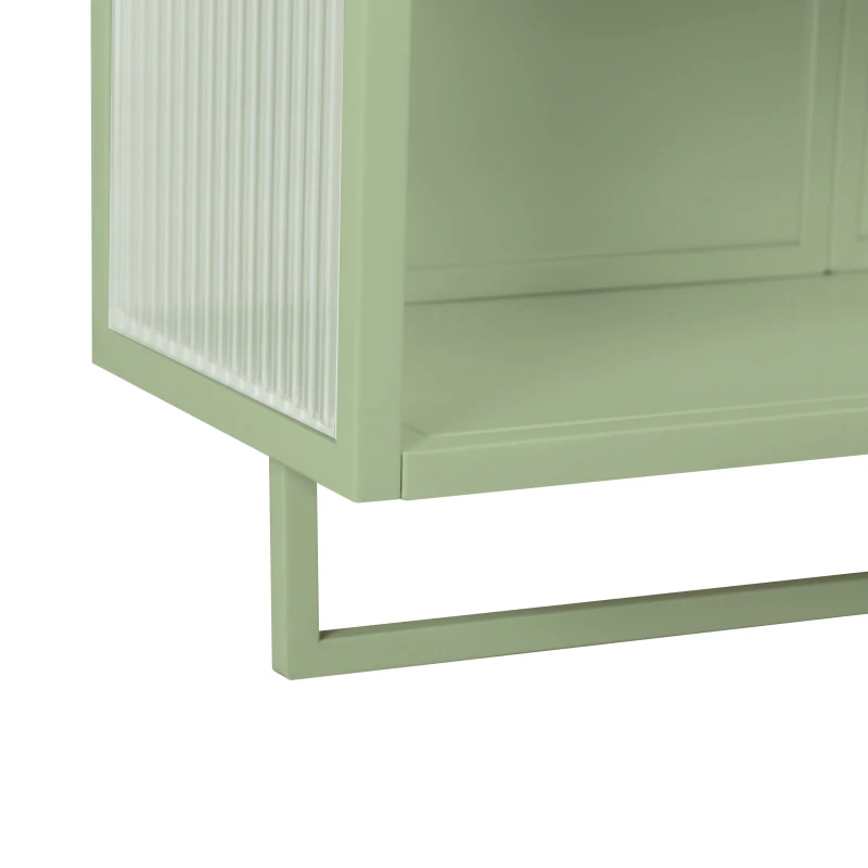 Armoire murale moderne avec portes en verre, deux niveaux de rangement fermé, avec étagère ouverte et porte-serviettes, 60×23×78 cm, Vert