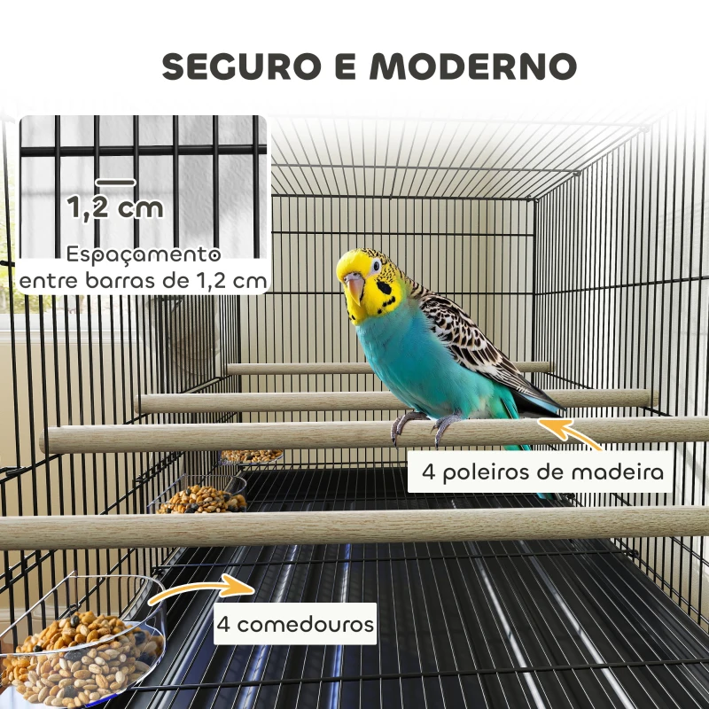 PawHut Gaiola para Pássaros com Divisória Rodas Gaiola para Aves com Comedouros Poleiros e Bandeja Removível 76x46x116 cm Preto
