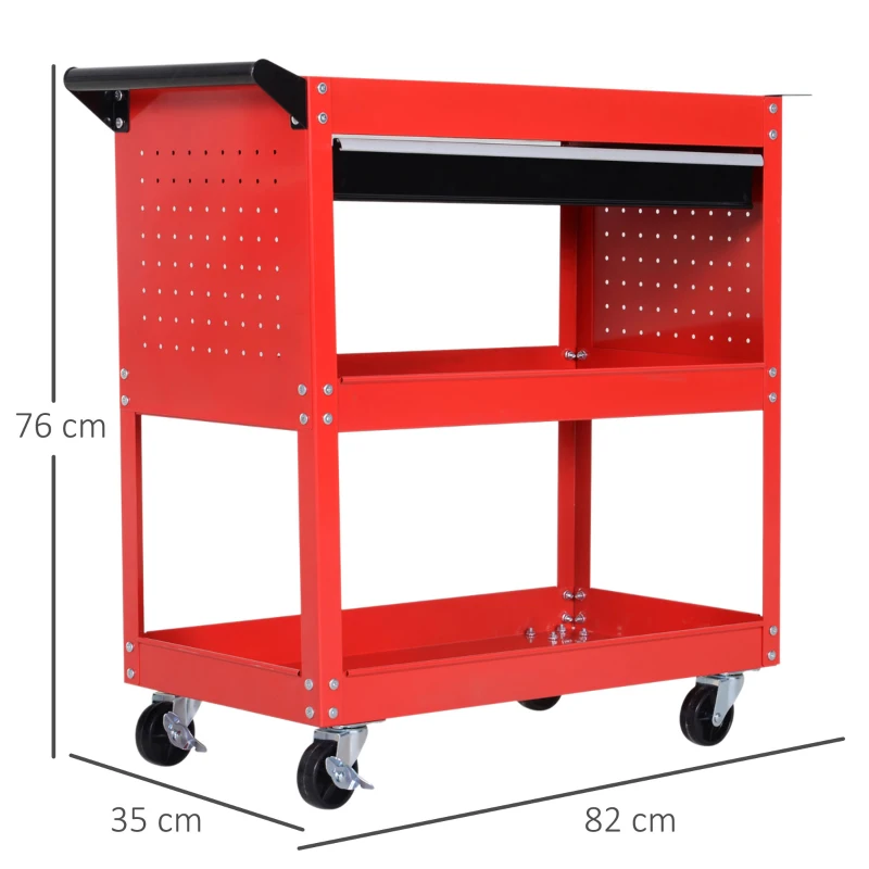DURHAND Carrello Porta Attrezzi con Manico, Cassetto e 3 Ripiani, in Lamiera di Acciaio, 82x35x76 cm, Rosso