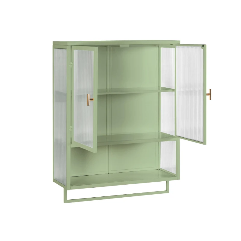Dulap modern cu uși din sticlă, două niveluri de spațiu închis, raft deschis și suport pentru prosoape, 70x23x78 cm, Verde