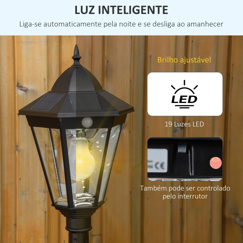 Outsunny Candeeiro Solar de Exterior com Ligar e Desligar Automático Resistente às Intempéries, Estrutura de Alumínio IP44 22x22x194 cm Preto