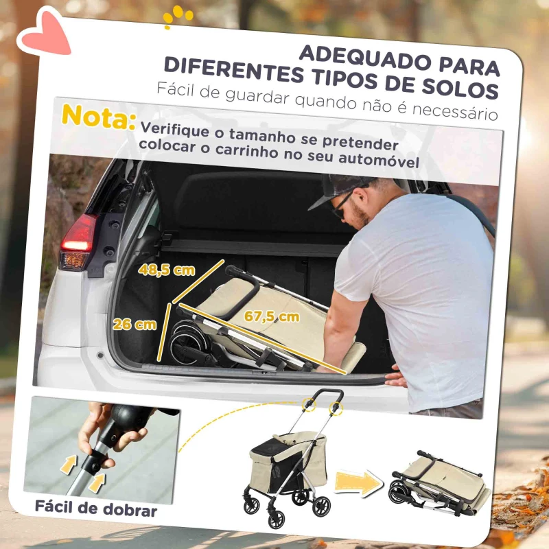 PawHut Carrinho para Cães Dobrável com Correia de Segurança Almofada Lavável e Janelas 80x48,5x106 cm Cáqui