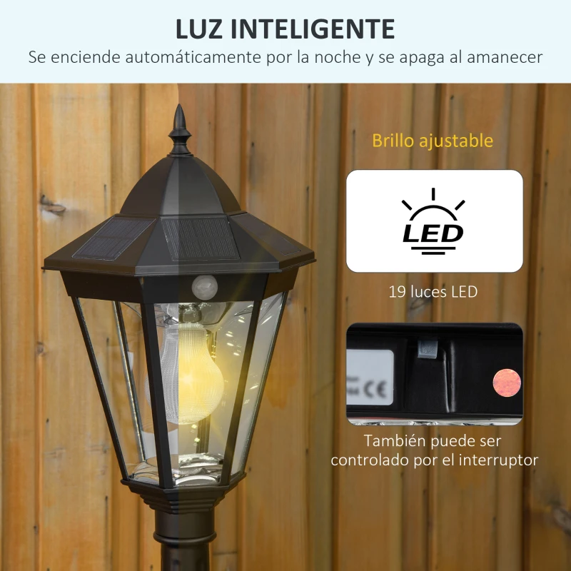 Outsunny Farola Solar Luz Solar de Exterior con Panel Solar Encendido y Apagado Automático IP44 22x22x194 cm Negro