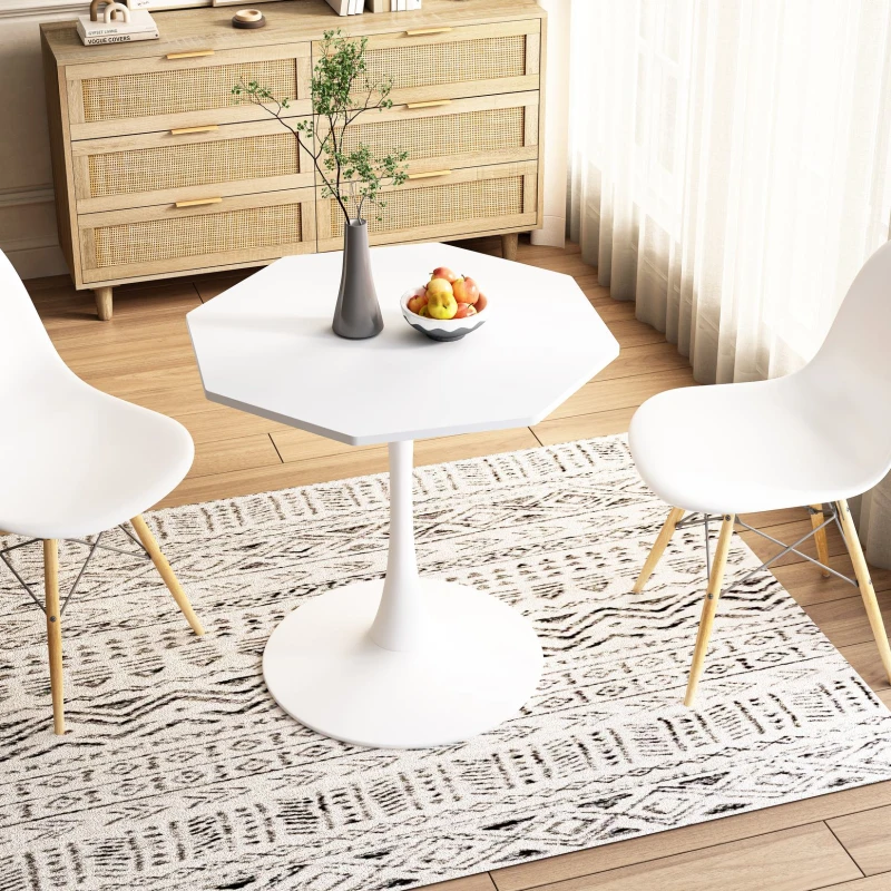 Tavolino da caffè ottagonale moderno, piano in MDF con base in metallo, 80×74×73 cm, per soggiorno e cucina, Bianco