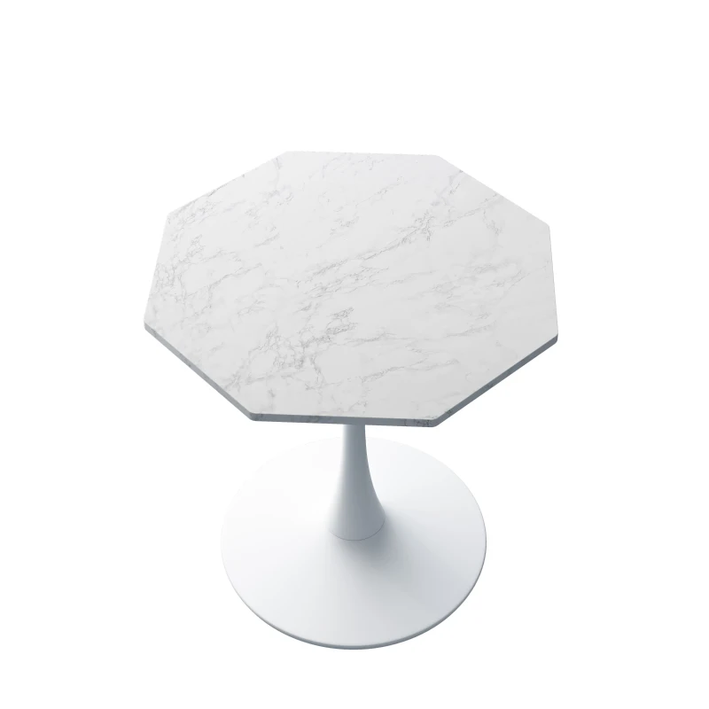 Mesa Moderna de Centro Octogonal con Tablero de MDF en Efecto Mármol y Base Metálica, 80x74x73 cm, Blanco