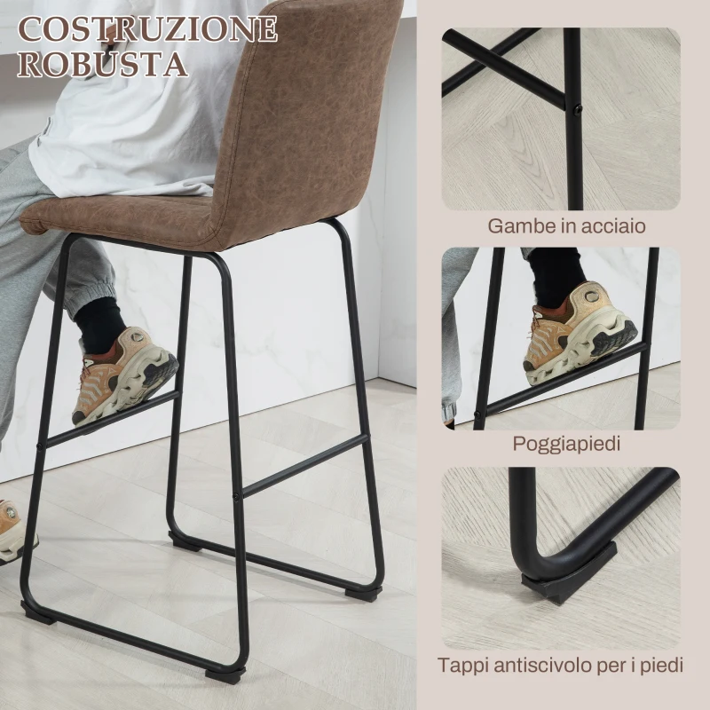 HOMCOM Set 2 Sgabelli da Bar Moderni con Poggiapiedi e Schienale, in Pelle PU e Acciaio, 44x50x109 cm, Marrone Scuro