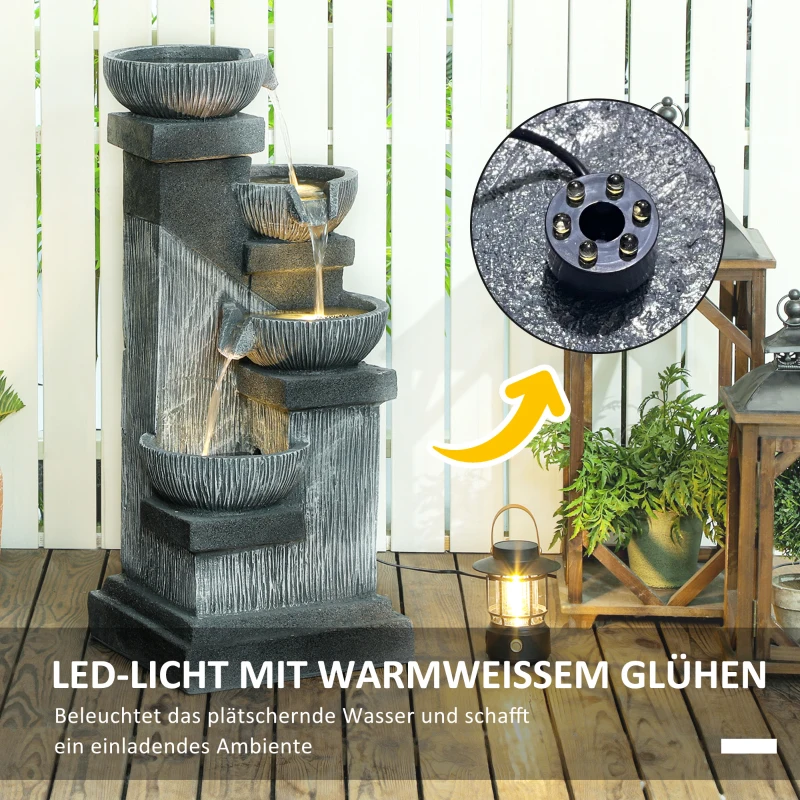 Outsunny 85 cm Zewnętrzna Fontanna, Czteropoziomowa Dekoracyjna Fontanna, Sztuczny Wodospad z Oświetleniem LED i Pompą, Szara