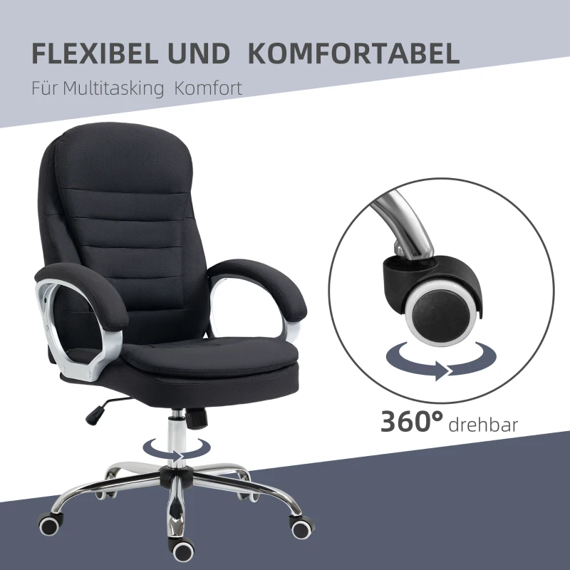 Vinsetto Bürostuhl Arbeitsstuhl Schreibtischstuhl Drehstuhl 360° Ergonomisch Wippfunktion Höhenverstellbar Schwarz Leinen 64 x 75 x 111-121 cm