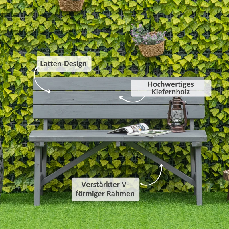 Outsunny 2-Sitzer Gartenbank Holz, wetterfest Sitzbank, UV-Beständig Gartenmöbel mit Rückenlehnen 116 x 56 x 80 cm, Grau