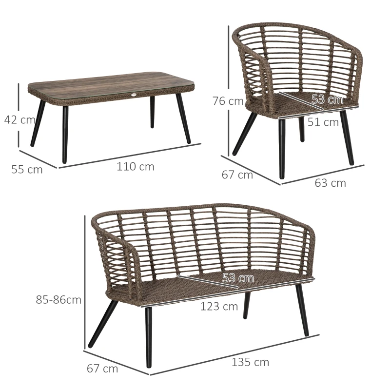 Outsunny Gartenmöbel-Set für 4 Personen, 1 Sofa, 2 Sessel. 1 Tisch, PE-Rattan, abnehmbare Polster, Braun+Grau
