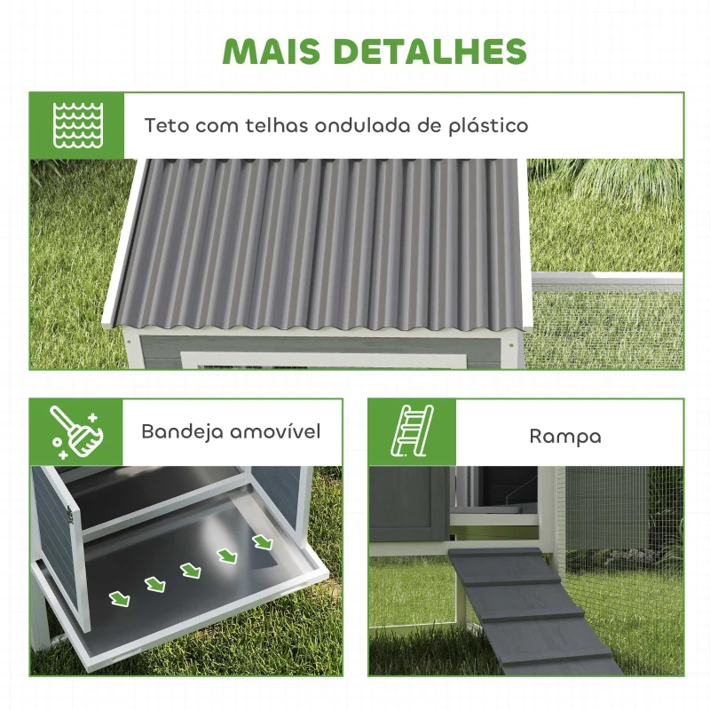 PawHut Galinheiro para Exterior Galinheiro de Madeira para 10-15 Galinhas com Baloiço Perchas Bandeja Removível e Rampa 315,5x150,5x140,5 cm Cinza